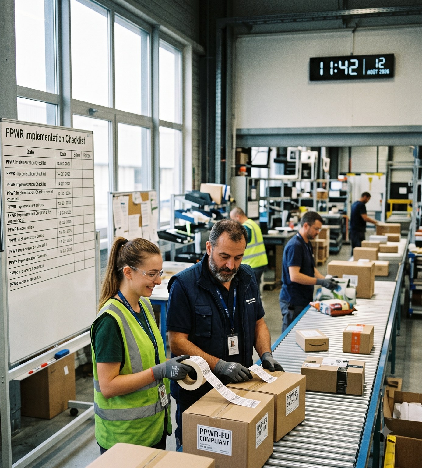 Warehouse staff labelling boxes 'PPWR-EU Compliant' on a packing line, with a wall clock showing 12 August 2026