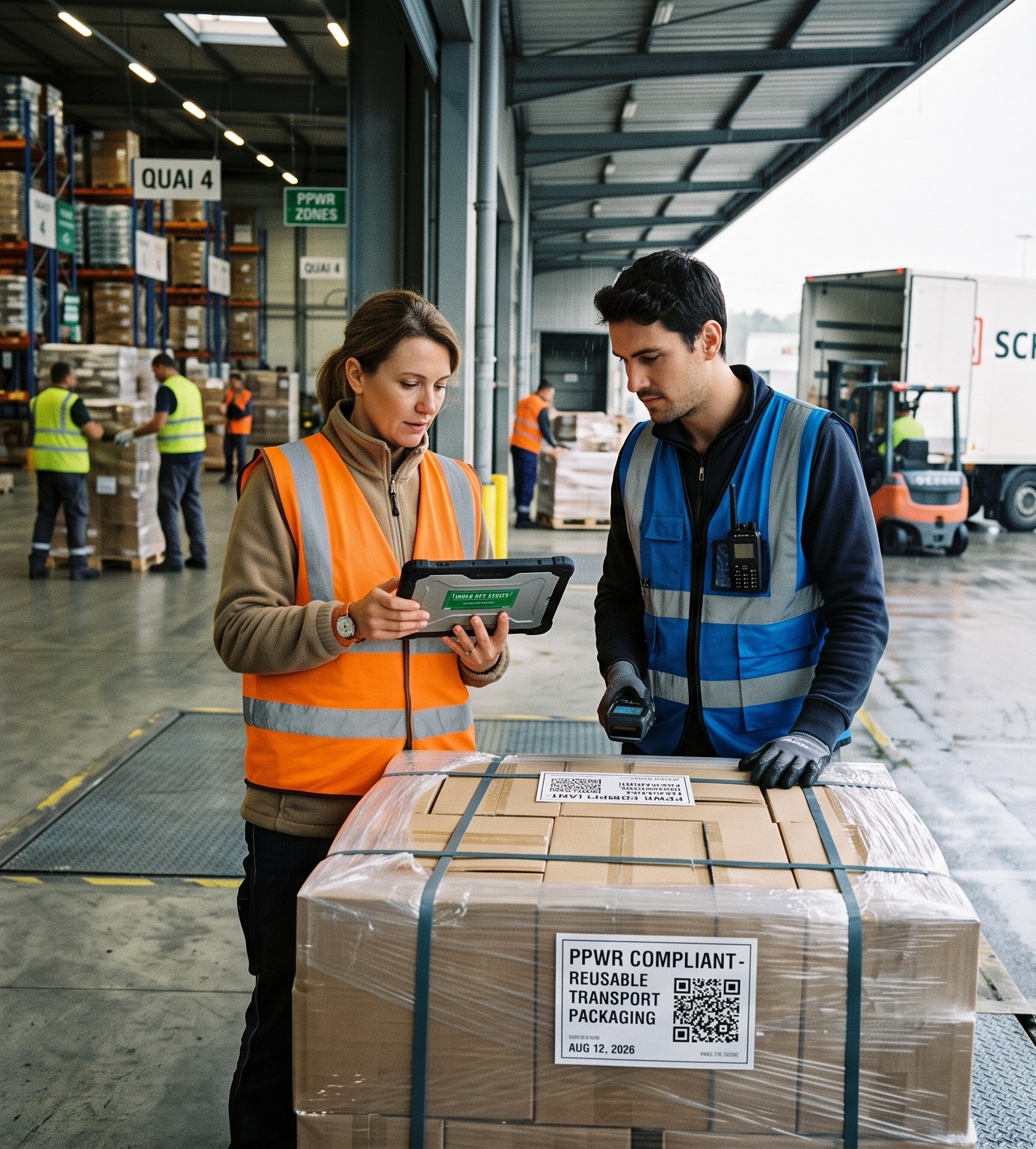 Warehouse workers scanning a QR code on PPWR-compliant reusable transport packaging before dispatch