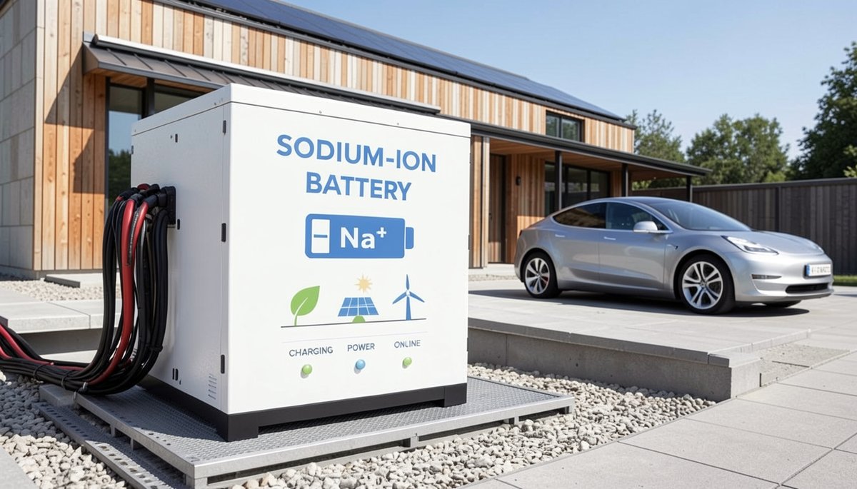 A white sodium-ion battery storage unit installed outside a solar-paneled home, next to an electric vehicle